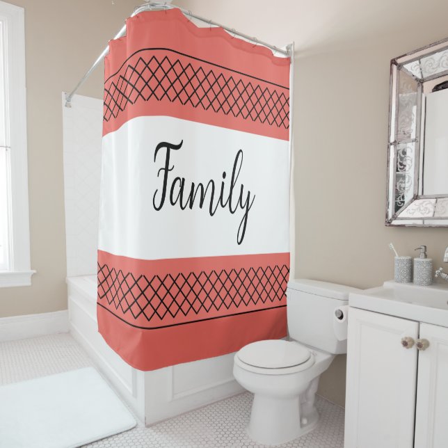 Coral and White Family Shower Curtain (In Situ)