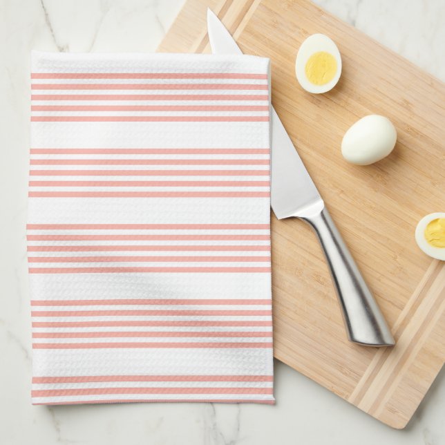 Coral and white five stripe pattern tea towel (Quarter Fold)