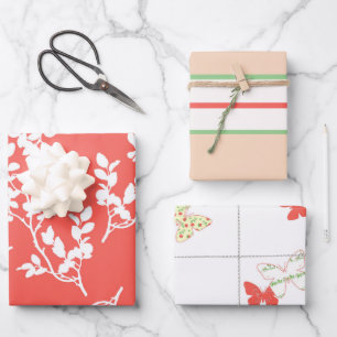 Coral and White Flowers, Stripes and Butterflies Wrapping Paper Sheet