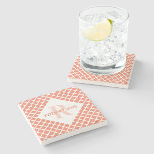 Coral and White Geometric Modern Monogrammed Stone Coaster