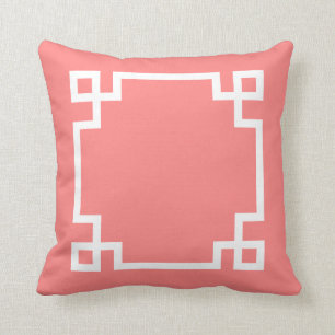 Coral and White Greek Key Cushion