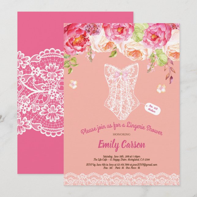 Coral and white lace lingerie shower bridal party invitation (Front/Back)
