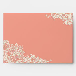 Coral and White Lace Wedding Envelopes