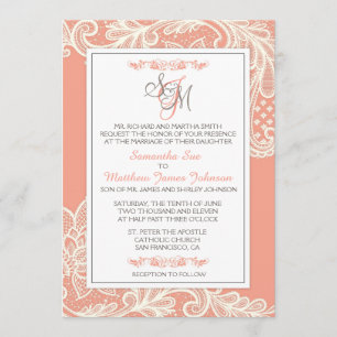 Coral and White Lace Wedding Invitation Card