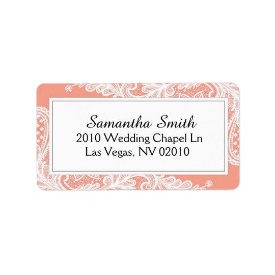 Coral and White Lace Wedding Labels