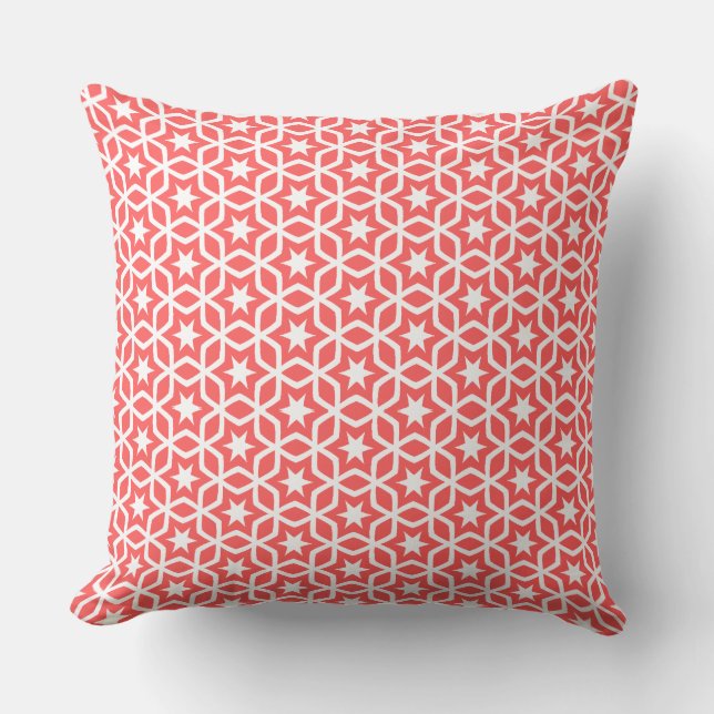 Coral and White Lattice Star Pattern   Cushion (Front)