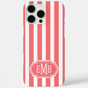 Coral and White Monogrammed Stripes iPhone 16 Pro Max Case