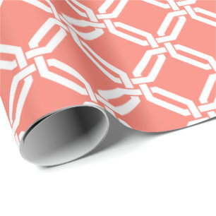 Coral and White Octagon Link Lattice Pattern Wrapping Paper