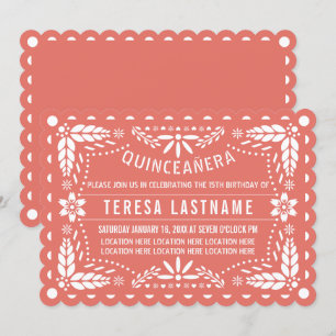 Coral and white papel picado Quinceañera Invitation