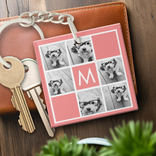 Coral and White Photo Collage Custom Monogram Key Ring