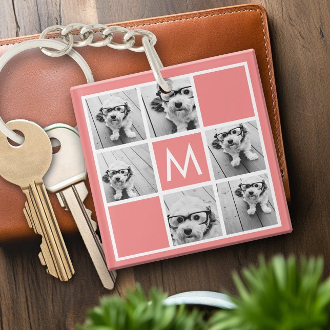 Coral and White Photo Collage Custom Monogram Key Ring (Personalized keychain with photo collage and monogram)