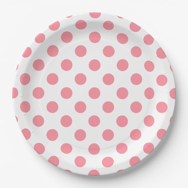 Coral and white polka dots paper plate (Front)