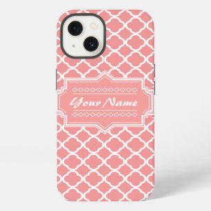 Coral and White Quatrefoil Lattice Personalised iPhone 13 Case