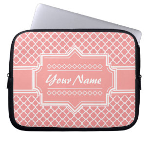 Coral and White Quatrefoil Lattice Personalised Laptop Sleeve