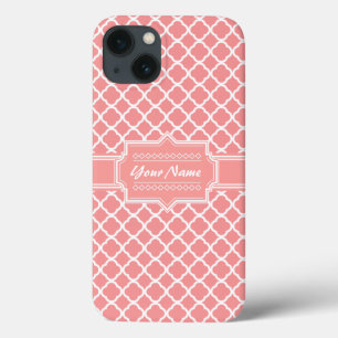 Coral and White Quatrefoil Lattice Personalized iPhone 13 Case