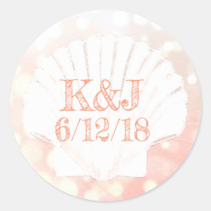 Coral and White Seashell Seaside Wedding Stickers