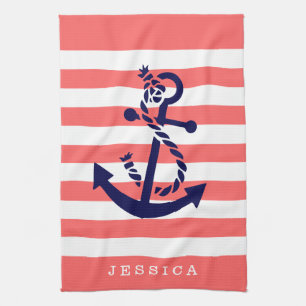 Coral And White Stripes Blue Nautical Anchor Tea Towel