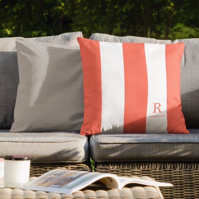 Coral and White Stripes Monogram Summer Outdoor Cushion (Creator Uploaded)