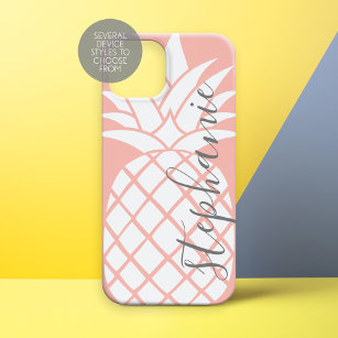 Coral and White Trendy Pineapple with Custom Name iPhone 15 Case