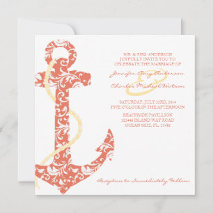 Coral and Yellow Anchor Beach Wedding Invitation