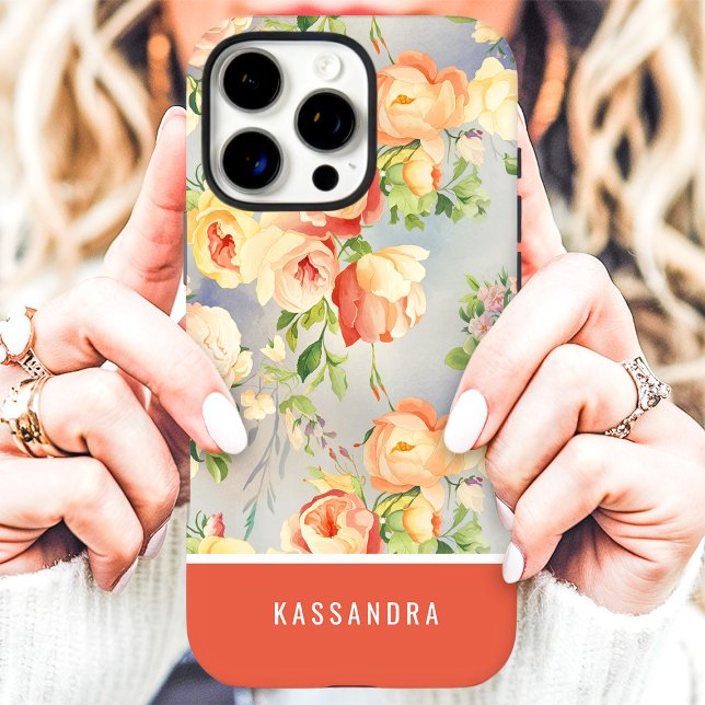 Coral and Yellow Custom Name Floral  Case-Mate iPhone Case (Creator Uploaded)