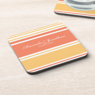 Coral and Yellow Modern Stripes Wedding Coaster