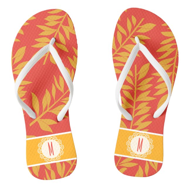 Coral and Yellow Tropical Cabana with Monogram Flip Flops (Footbed)