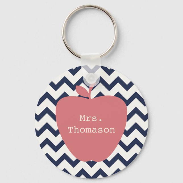 Coral Apple & Navy Chevron Teacher Key Ring (Front)