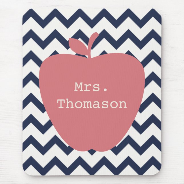 Coral Apple & Navy Chevron Teacher Mouse Mat (Front)