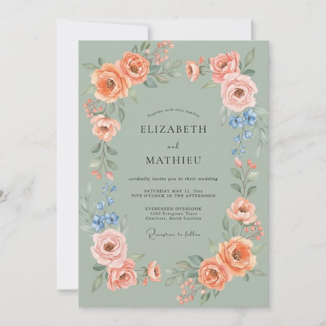Coral Apricot Peony Wedding Invitation (Front)