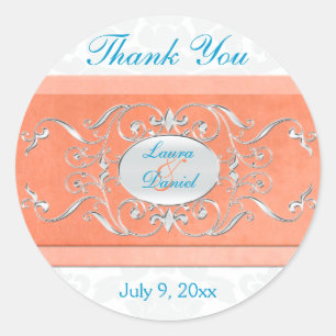 Coral, Aqua, and Grey 1.5" Round Thank You Sticker