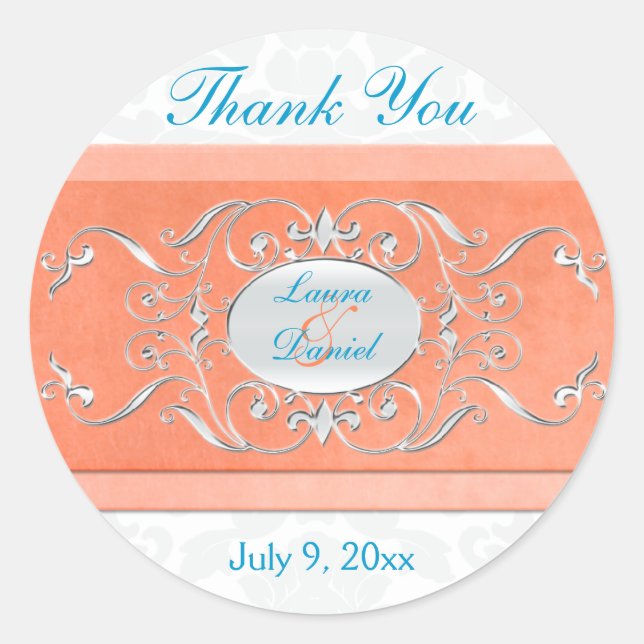 Coral, Aqua, and Grey 1.5" Round Thank You Sticker (Front)