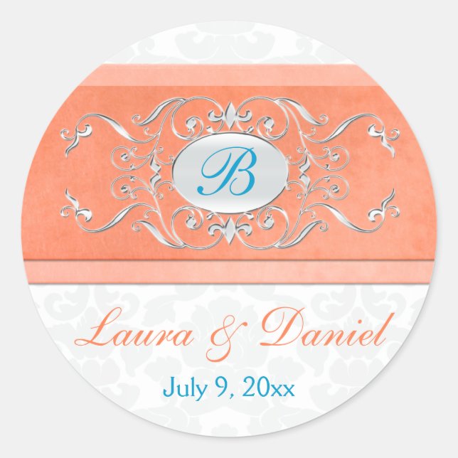Coral, Aqua, and Grey 1.5" Round Wedding Sticker (Front)