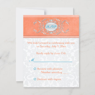 Coral, Aqua, and Grey Damask Reply Card