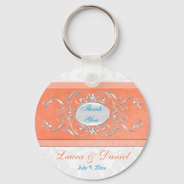 Coral, Aqua, and Grey Damask Wedding Favour Key Ring (Front)