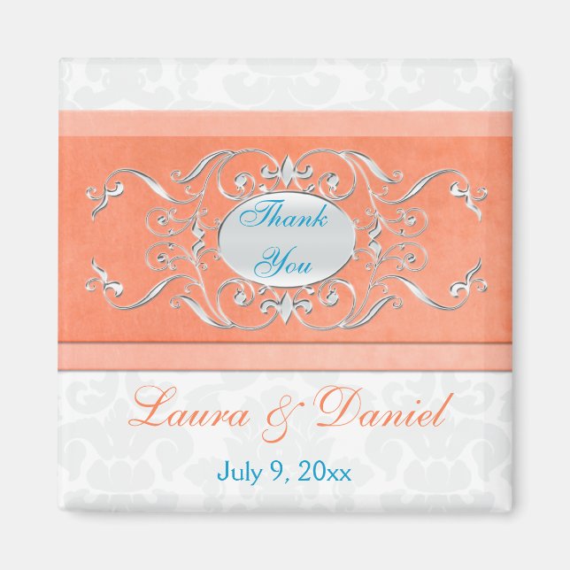 Coral, Aqua, and Grey Damask Wedding Favour Magnet (Front)