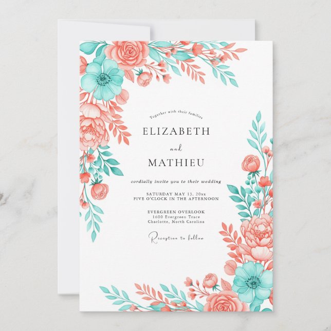 Coral Aqua Artistic Blossom Wedding Invitation (Front)