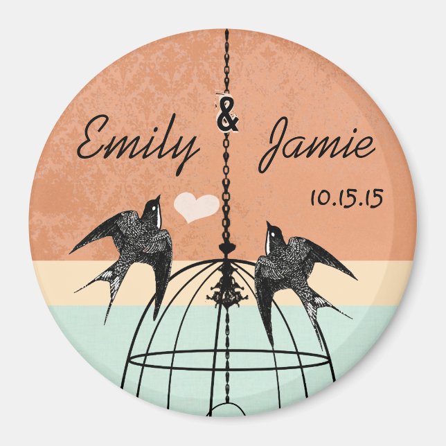 Coral & Aqua Bird Cage Wedding Magnet or Customize (Front)