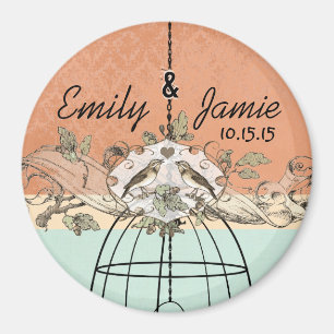 Coral & Aqua Bird Cage Wedding Scroll Magnet