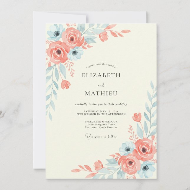 Coral Aqua Blossom Wedding Invitation (Front)