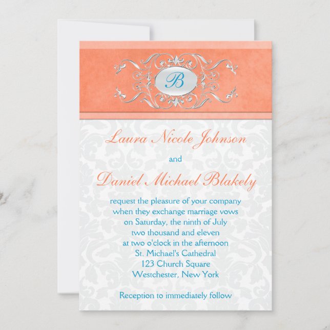 Coral, Aqua Blue, Grey Damask Monogram Invite (Front)