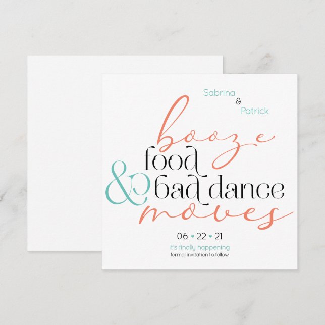 Coral Aqua Booze Food Bad Dance Moves Save theDate Invitation (Front/Back)