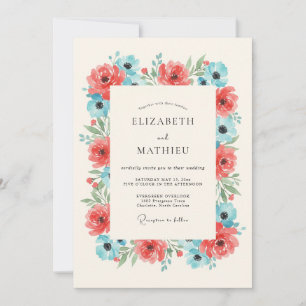 Coral Aqua Botanical Romance Wedding Invitation