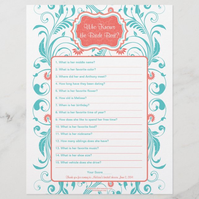 Coral Aqua Floral Bride Best Bridal Shower Game (Front)