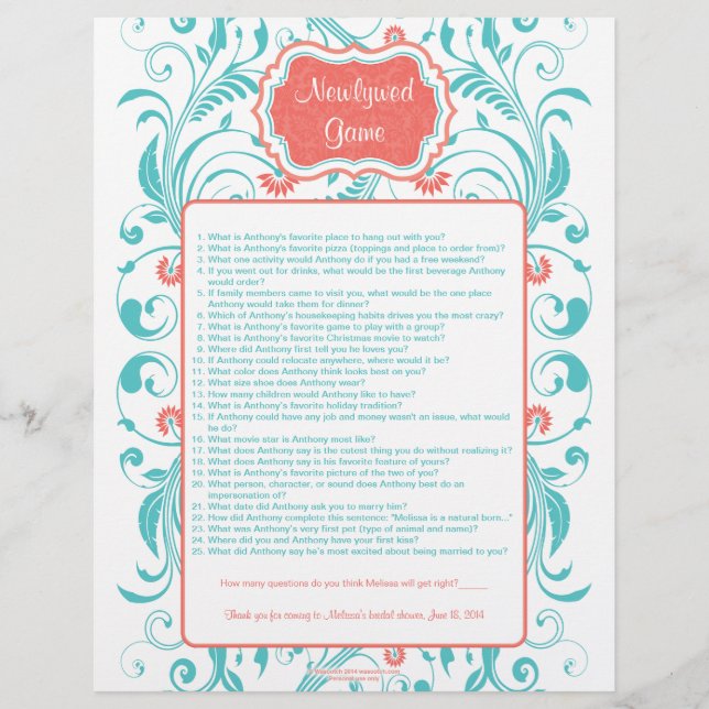Coral Aqua Floral Newlywed Game Bridal Shower Game (Front)