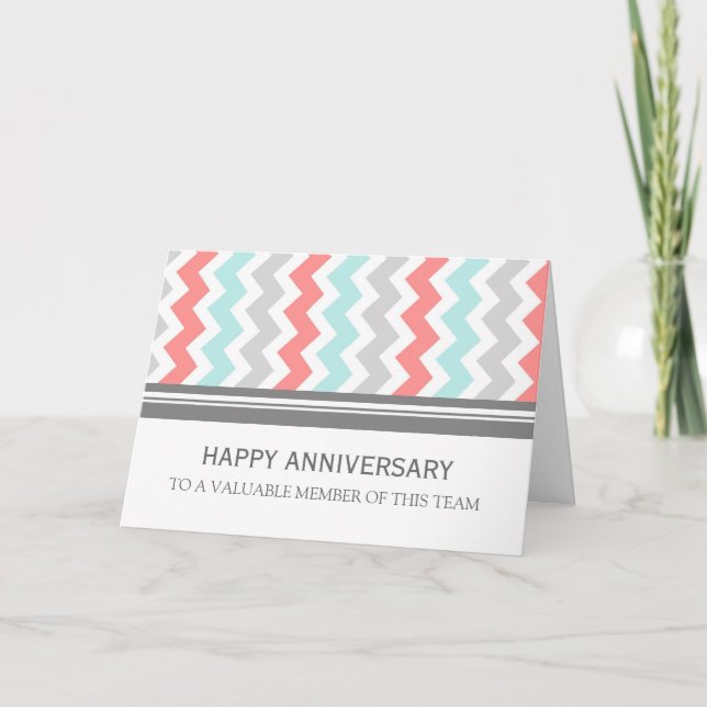 Coral Aqua Grey Chevron Employee Anniversary Card (Front)