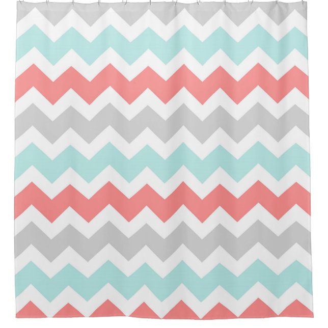 Coral Aqua Grey Chevron Stripes Shower Curtain (Front)