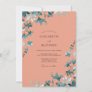 Coral Aqua Leafy Wedding Invitation