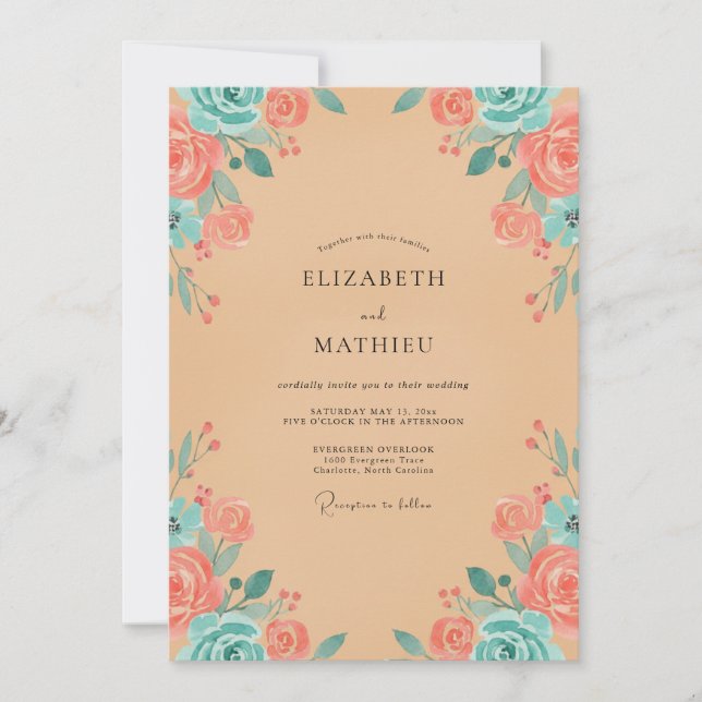 Coral Aqua Petal Wedding Invitation (Front)