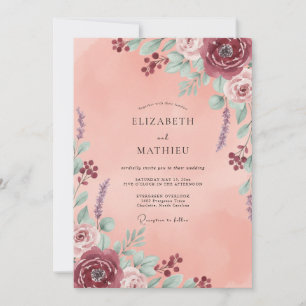 Coral Aqua Ranunculus Eucalyptus Wedding Invitation